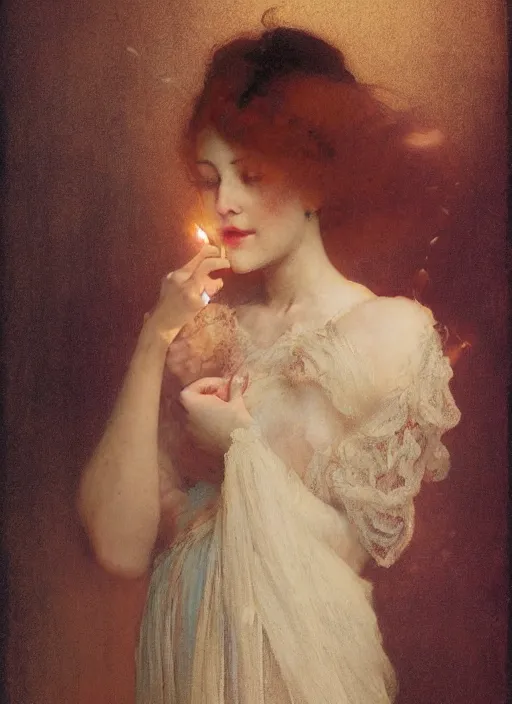 Prompt: a romantic photo of a woman in a dark room wearing lace smoking a cigarette advertisement photography by mucha, nick alm, ruan jia, norman rockwell, greg rutkowski, greg manchess, ethereal, dark, candlelight, pagan, extremely coherent, sharp focus, elegant, sharp features, render, octane, detailed, award winning photography, masterpiece, rim lit