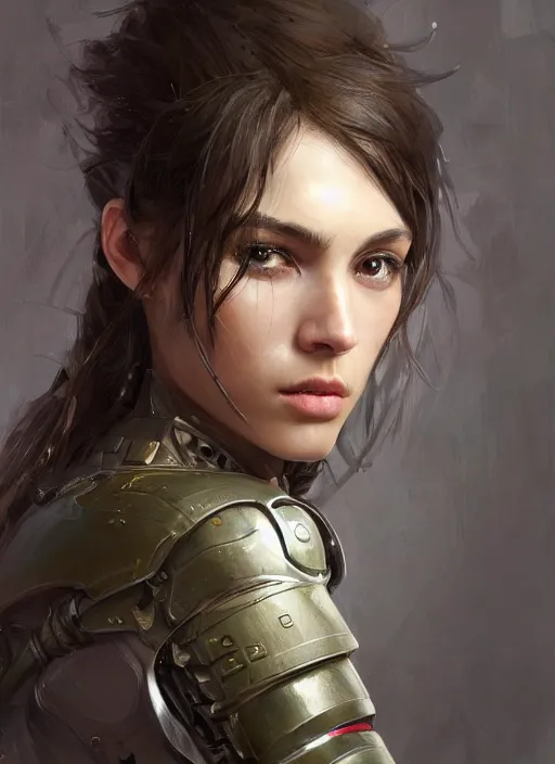 Image similar to a professional painting of a beautiful young female, clothed in military armor, olive skin, long dark hair, beautiful bone structure, symmetrical facial features, intricate, elegant, digital painting, concept art, smooth, sharp focus, illustration, from Metal Gear, by Ruan Jia and Mandy Jurgens and Artgerm and William-Adolphe Bouguerea