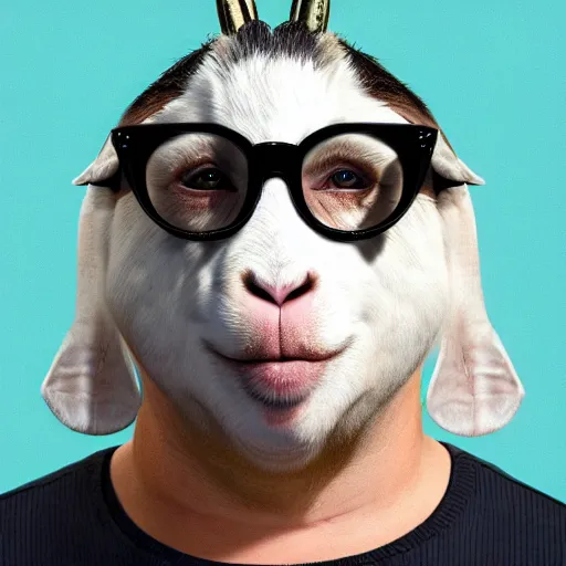 Image similar to andy milonakis as a goat, goat body, human head, anthropomorphic, 4 k, photorealistc, high details