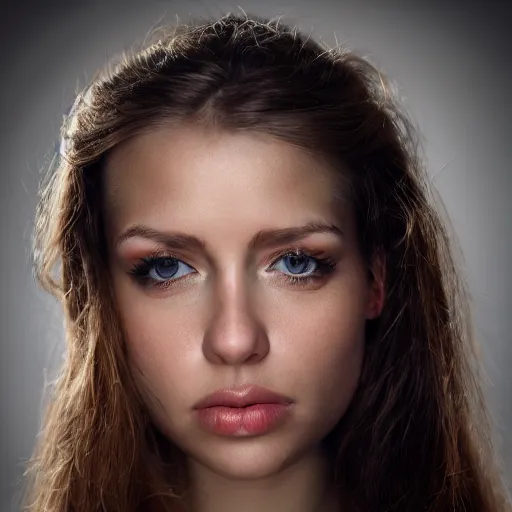 Image similar to photographic Close-up face of a extremely beautiful girl with clear eyes and light brown hair ,dramatic,flash studio, octabox, high light on the left, non-illuminated backdrop, illuminated by a dramatic light, Low key lighting, studio lighting, High contrast, dramatic , norman rockwell, craig mulins ,dark background, high quality,photo-realistic,85mm, F1.4, 8K,-H 704