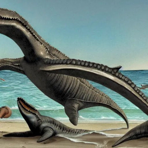 Image similar to terrifying plesiosaur attacking swimmers at the beach. detailed, realistic, photograph.