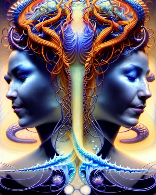 Image similar to a portrait of gemini water and fire fantasy character portrait made of fractals facing each other, wearing flowing robes, ultra realistic, wide angle, intricate details, the fifth element artifacts, highly detailed by peter mohrbacher, hajime sorayama, wayne barlowe, boris vallejo, aaron horkey, gaston bussiere, craig mullins