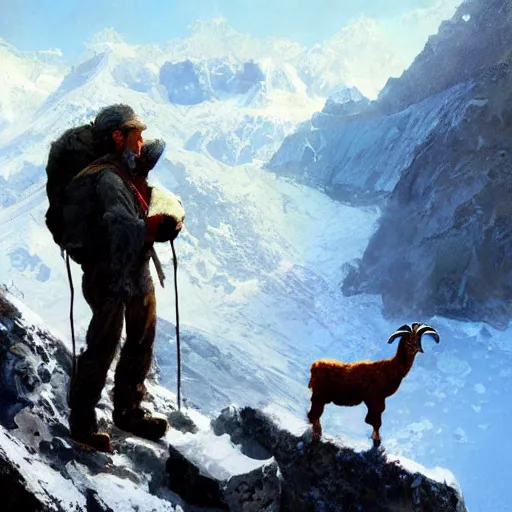 Image similar to a hiker man with a goat on top of a icy mountain, cinematic, painting by craig mullins