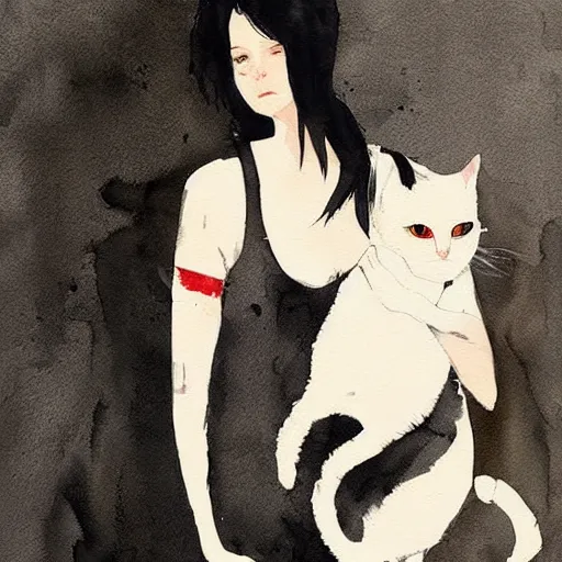 Image similar to Ciri holding a cat, art, minimalistic painting, watercolor on paper, high quality, by Conrad Roset, by Edgar Degas