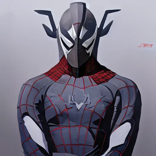 Image similar to greg manchess portrait painting of armored spiderman ultraman grey fox from metal gear cyborg gay japanese - american hybrid as overwatch character, medium shot, asymmetrical, profile picture, organic painting, sunny day, matte painting, bold shapes, hard edges, street art, trending on artstation, by huang guangjian and ail elvgren and sachin teng