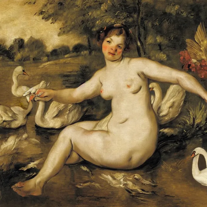 Image similar to leda with swan in a stunning landscape, golden light in center of painting, oil painting by frans hals