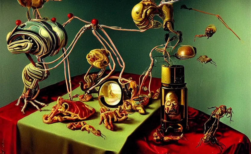 Image similar to strange robot body, disturbing colorful oil painting dutch golden age vanitas still life sparse composition with bizarre objects strange gooey transparent surfaces shiny metal reflections bizarre mutant meat insects rachel ruysch dali todd schorr very detailed perfect composition rule of thirds masterpiece canon 5 0 mm, cinematic lighting, photography, retro, film, kodachrome