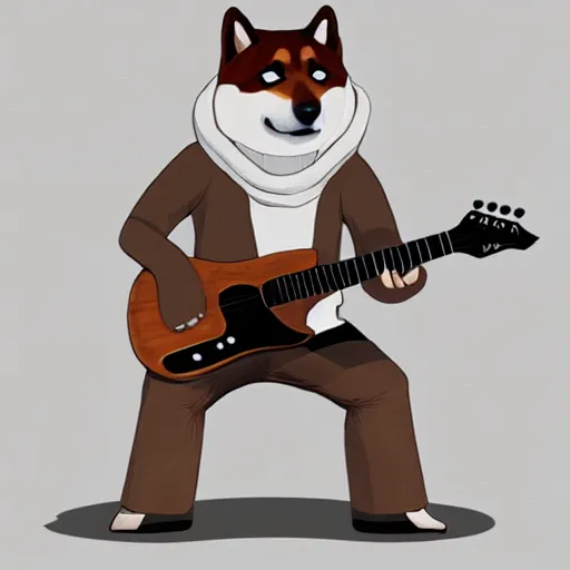 Image similar to masculine shiba inu man, anthropomorphic, Anthro, furry, plays guitar, Artstation