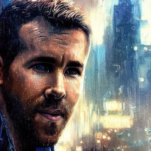 Image similar to ryan reynolds, hyperrealistic portrait, bladerunner street, art of elysium by jeremy mann and alphonse mucha, fantasy art, photo realistic, dynamic lighting, artstation, poster, volumetric lighting, very detailed face, 4 k, award winning