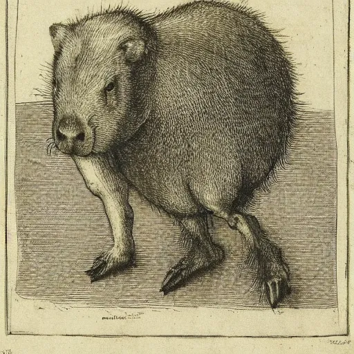 Prompt: albrecht durer etching of a capybara and a platonic solid, detailed, masterpiece, intricate, collection of louvre