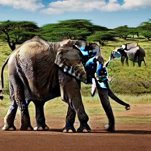 Image similar to a highly detailed panoramic photo of the serengeti. in the far background we see a small boy next to an elephant with an extremely long trunk. 8 k, super resolution