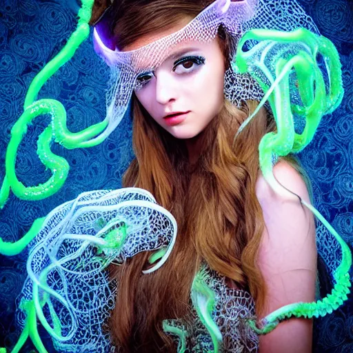 Prompt: Cthlulu lovecraftian eldritch profile pic, lace veil, magazine photoshoot, tentacles, glow galaxy background,