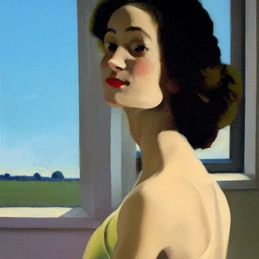 Image similar to artwork portrait painting of a ballet dancer in a black tutu standing in front of a window showing a perfect blue sky by jack vettriano h 6 4 0