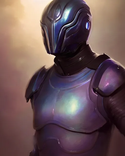 Image similar to character concept of iridescent sinewy smooth muscular male sleek glossy indigo black pearlescent scifi armor with smooth black faceless featureless helmet, by greg rutkowski, mark brookes, jim burns, tom bagshaw, magali villeneuve, trending on artstation