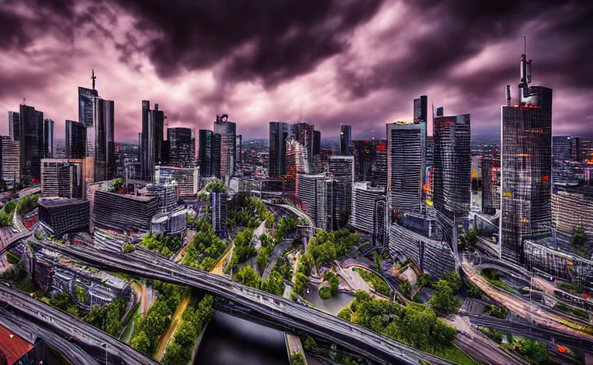 Image similar to a dramatic frankfurt skyline photo by ryan dyar, highly detailed, 8 k