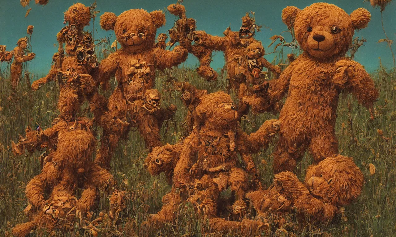 Image similar to a teddy bear production of die walkure, body horror, by gerard brom, zdzisław beksinski and ansel adams technicolor