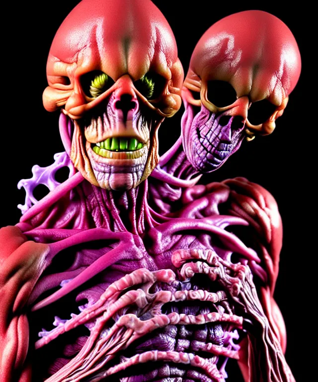 Image similar to hyperrealistic rendering, cronenberg flesh monster skeletor by art of skinner and richard corben and jeff easley, product photography, action figure, sofubi, studio lighting, colored gels