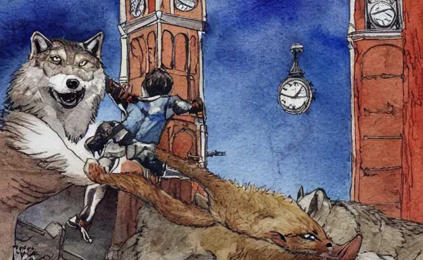 Image similar to a boy fighting a wolf on the edge of a clocktower, by taylor barron, watercolor, print