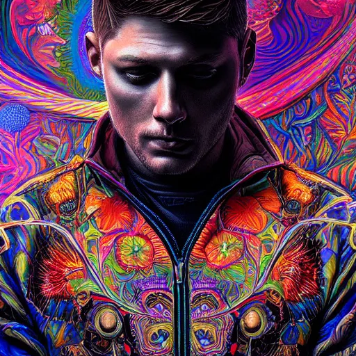 Image similar to portrait of jensen ackles, hyper detailed masterpiece, neon floral pattern, jean giraud, digital art painting, darkwave goth aesthetic, psychedelic, artgerm, donato giancola and tom bagshaw