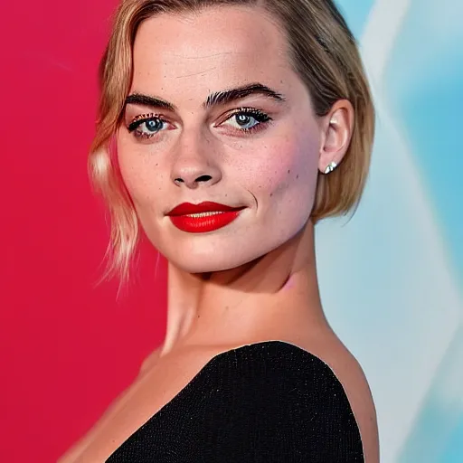 Image similar to a woman who is a genetic combination of margot robbie and emma watson face and upper - body focus