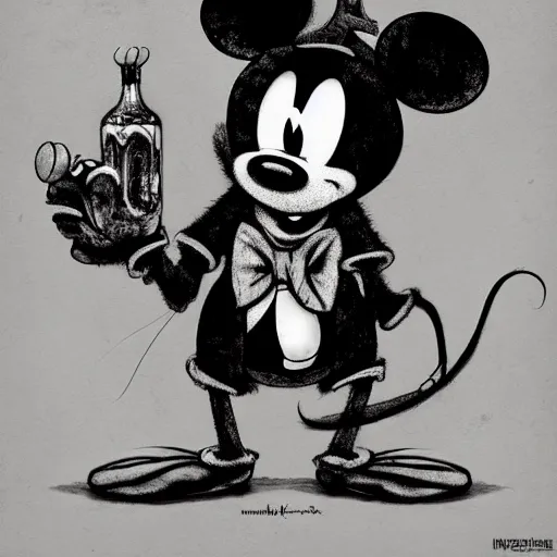 Image similar to michael karcz grunge drawing of mickey mouse. , in the style of corpse bride, loony toons style, horror themed, detailed, elegant, intricate, trending on artstation, 4k