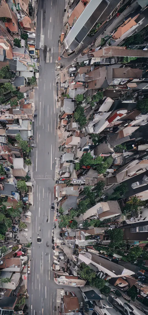 Image similar to photo looking down on a street, rain, 4k, realistic, no people,