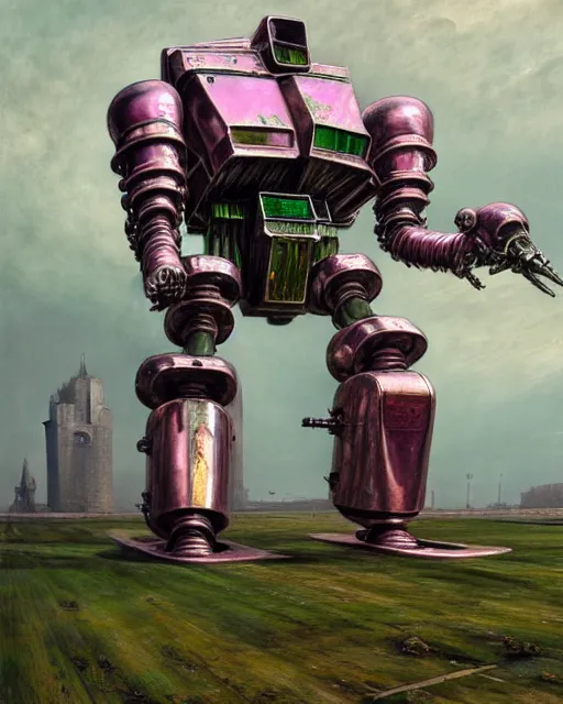 Image similar to hyperrealistic hyperdetailed medieval mecha iridescent pink battle war concept art santiago caruso de chirico sharp very dramatic green light 8k low angle shallow depth of field