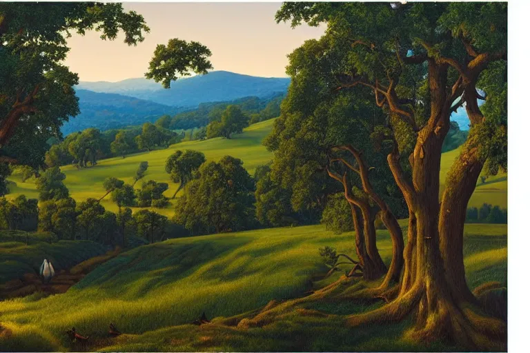 Image similar to masterpiece painting of oak trees on a hillside overlooking a creek, dramatic lighting, by alex gross