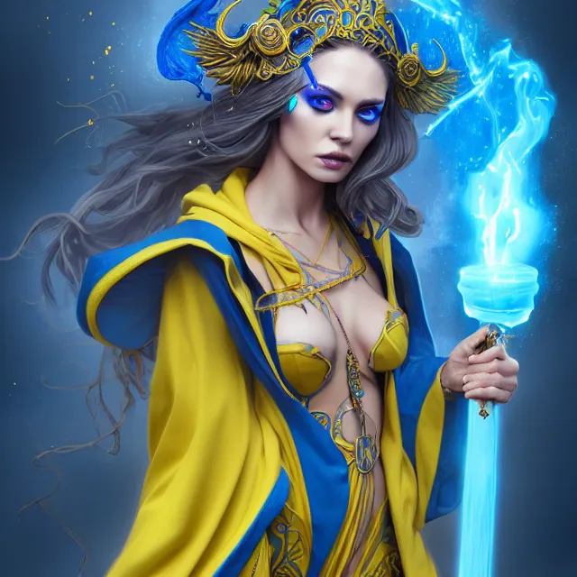 Image similar to beautiful elemental electric witch with ornate blue andyellow robes and staff, highly detailed, 4 k, hdr, smooth, sharp focus, high resolution, award - winning photo, artgerm, photorealistic