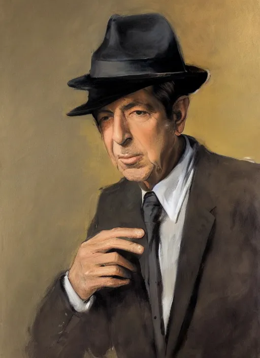 Prompt: Leonard Cohen, wearing a trilby hat, portrait by John Singer Sargent, by Frank McCarthy, by Robert McGinnis