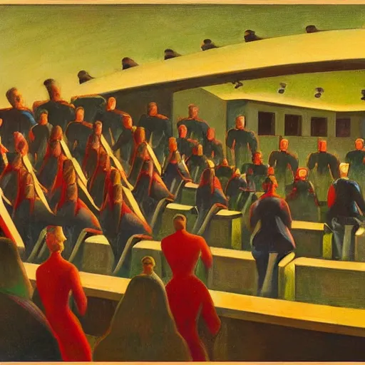 Image similar to robotic choir in an amphitheater, pj crook, grant wood, edward hopper, syd mead, chiaroscuro, oil on canvas