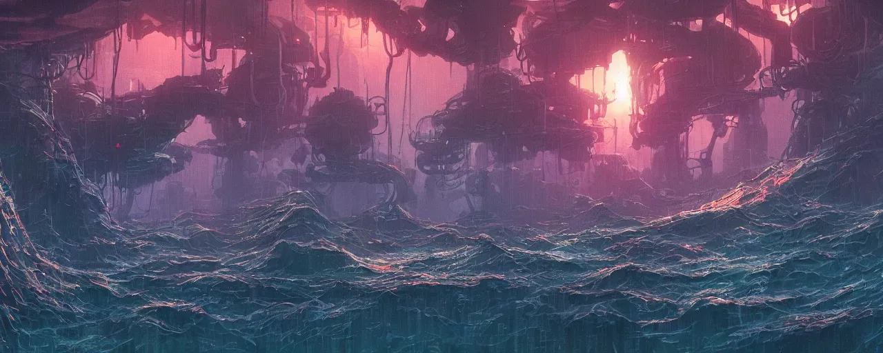 Image similar to ” underwater otherwordly landscape, [ cables, pods, deepsea, cinematic, detailed, epic, widescreen, opening, establishing, mattepainting, photorealistic, realistic textures, octane render, art by slop and paul lehr ] ”