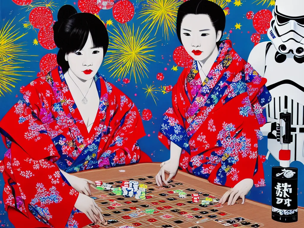 Image similar to hyperrealism composition of the detailed single woman in a japanese kimono sitting at an extremely detailed poker table with stormtrooper, fireworks, river on the background, pop - art style, jacky tsai style, andy warhol style, acrylic on canvas