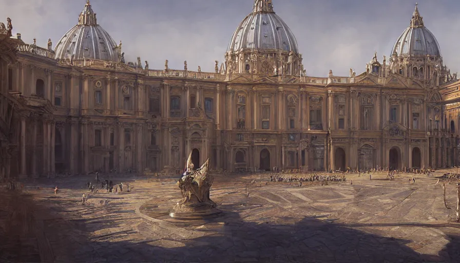 Image similar to craig mullins digital illustration of vatican city in 1 4 9 2, strong contrast, sunny morning, raking light, unreal engine, hyper realism, realistic shading, cinematic composition, realistic render, octane render, detailed textures, photorealistic, wide shot