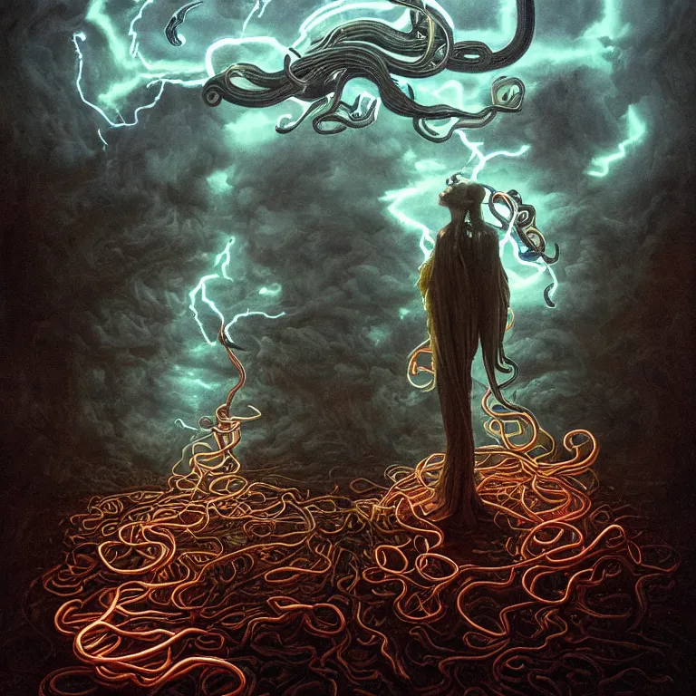 Prompt: An amorphic being with tentacles of liquid reflective copper and neon emerges from the dark surreal ether, mist amidst lightning, high contrast lighting, backlit, blacklight by Michael Whelan and Ed Binkley