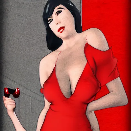 Image similar to woman, red short dress, black hair, by milo manara, 3 d render, red high heels, face, house, milo manara illustration