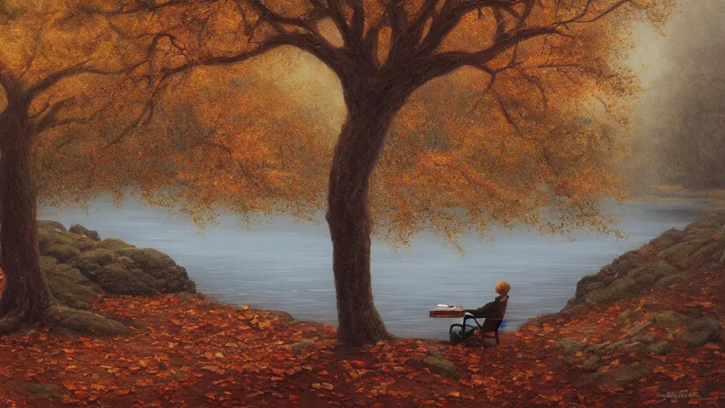 Image similar to A beautiful oil painting of a single tree, the tree is in the rule of thirds, a person is under the tree reading a book, the fall has arrived and the leafs started to become golden and red, the river is flowing its way, the river has lots of dark grey rocks, oil painting by Greg Rutkowski