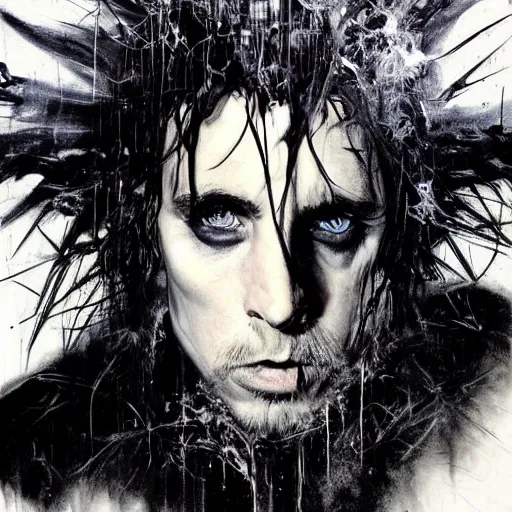 Image similar to stunning portrait of gaunt christian bale a ( the cure fan ) as dream from sandman, dim stars as eyes, by jeremy mann, by cedric peyravernay, by by russ mills, by richard avedon and ben templesmith, dramatic lightning, sadness, dark eye sockets, in the shadows, punk rock, gothic, high detailed, 8 k