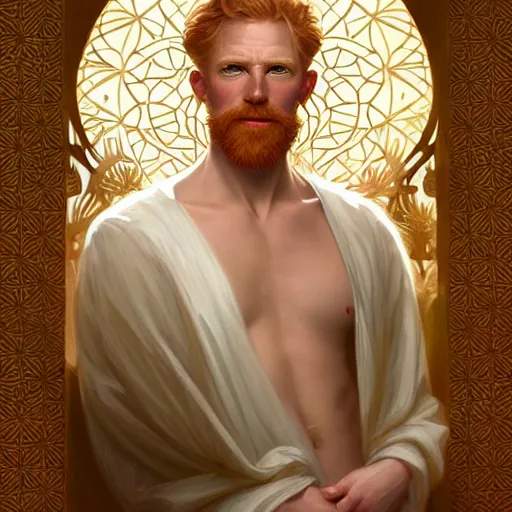 Image similar to beautiful natural middle aged male ginger god wearing a white perizoma, intricate, elegant, highly detailed, digital painting, artstation, concept art, smooth, sharp focus, illustration, art by artgerm and greg rutkowski and alphonse mucha and loish and WLOP