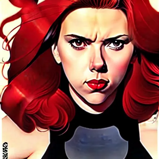 Prompt: phil noto comicbook cover art, pretty scarlett johansson black widow, symmetrical eyes, long red hair, full body, city rooftop