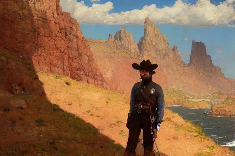 Image similar to wild west portrait of sheriff man standing at the edge of a cliff looking out, sunny day, digital art by Nerdrum John, William Waterhouse, Winslow Homer, Alex Heywood, Jordan Grimmer, Darren Quach, Greg Rutkowski, Simon Stalenhag, trending on Artstation, CGSociety