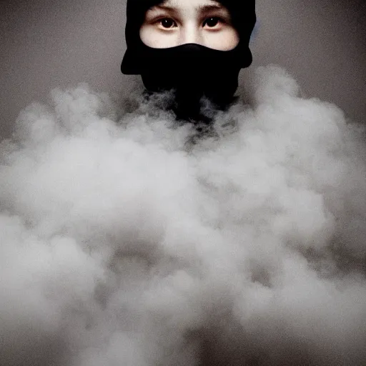 Image similar to an intimate portrait of a teenager wearing a black balaclava in a tear gas cloud, facing camera, emotionnal, smoke, riot, black block, photojournalism, f 2, nikon, studio portrait, bokeh, sharp focus, haze, volumetric lighting, intense, eerie, by annie leibovitz, visa pour l'image, prix nadar