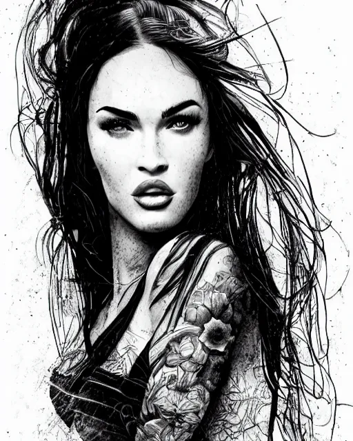 Image similar to megan fox face mash up with beautiful mountain scenery, in the style of dan mountford, tattoo sketch, double exposure, hyper realistic, amazing detail, black and white