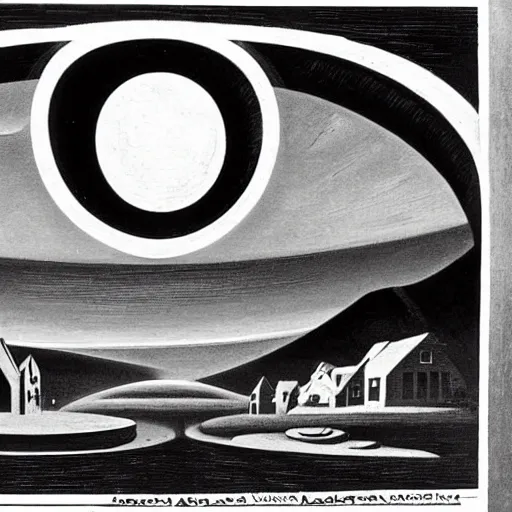 Prompt: painting of mysterious alien saucer hovering over seaside village, 1938, by Thomas Hart Benton