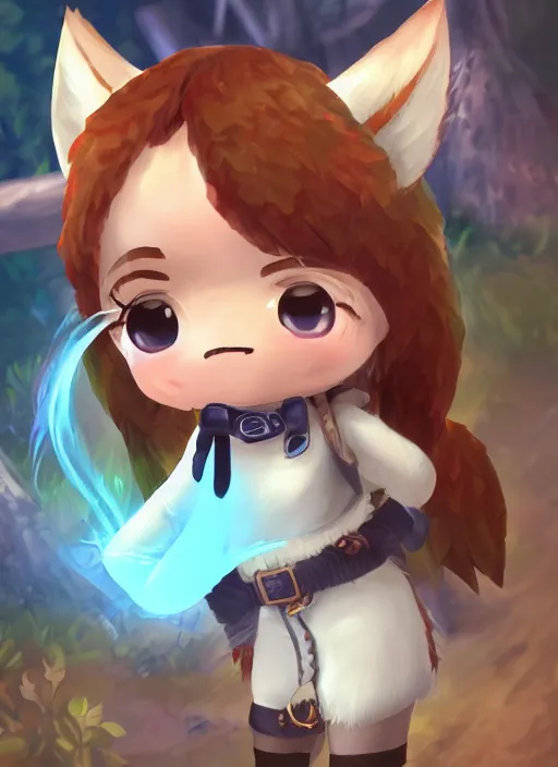 Image similar to female explorer mini cute girl, adoptable, highly detailed, rendered, ray - tracing, cgi animated, 3 d demo reel avatar, style of maple story and aura kingdom, maple story indiana jones, fluffy fox ears, dark skin, cool clothes, soft shade, soft lighting, portrait pose