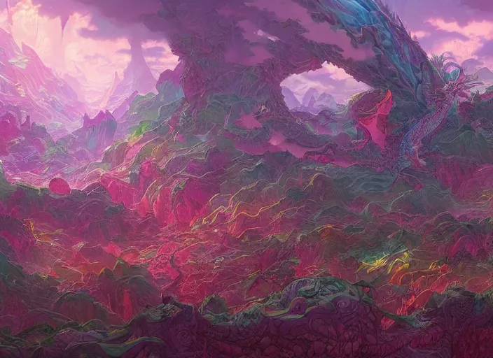 Image similar to psychedelic concept art painting of a dragon landscape made of thousands of dragons, detailed, cel shaded, in the style of makoto shinkai and moebius and peter mohrbacher and anton fadeev