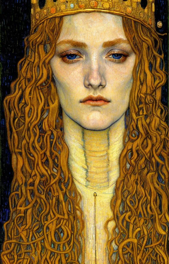 Image similar to detailed realistic beautiful young medieval queen face portrait by jean delville, gustav klimt and vincent van gogh, art nouveau, symbolist, visionary, gothic, pre - raphaelite, muted earthy colors, desaturated