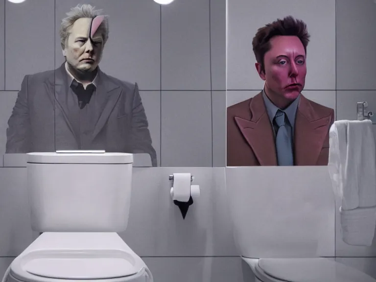 Image similar to hyperrealism aesthetic ridley scott and denis villeneuve style photography of a detailed giant elon musk, siting on a detailed ultra huge toilet and scrolling his smartphone in hyperrealism scene from detailed art house movie in style of alejandro jodorowsky and wes anderson