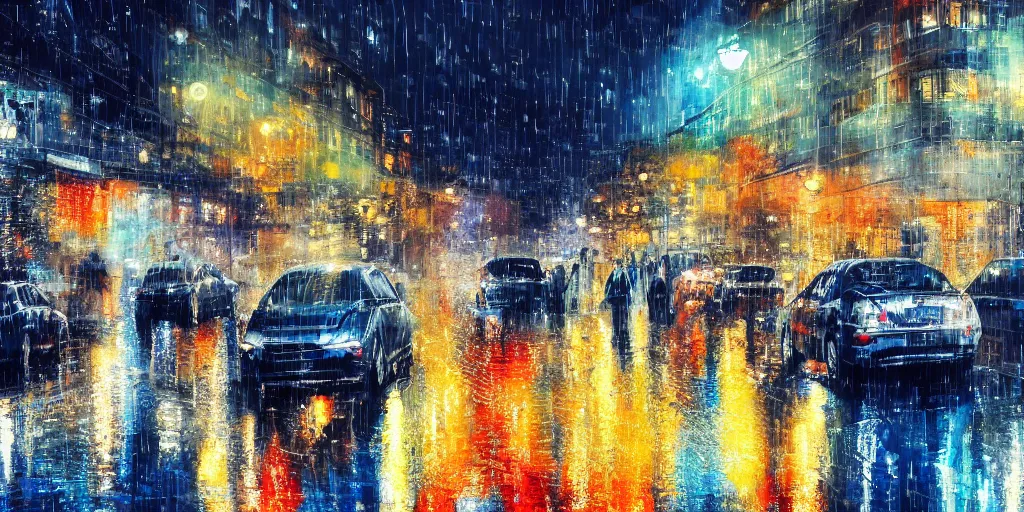 Image similar to raining night, streets, cars, building, cold, lights, rain, by mark lague, 4 k, wallpaper,