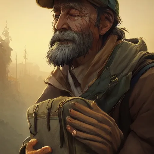 Prompt: character concept art of a hobo with rucksack, key visual, realistic shaded perfect face, fine details, dystopian environment and background, by stanley artgerm lau, wlop, rossdraws, james jean, andrei riabovitchev, marc simonetti, and sakimichan, trending on artstation in disco elysium